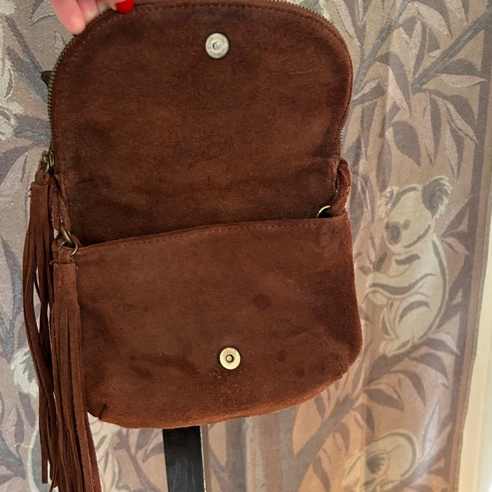 Genuine Suede Leather Crossbody Suede Tassel Bag Brown 2 Zip Festival Bag - Picture 4 of 16